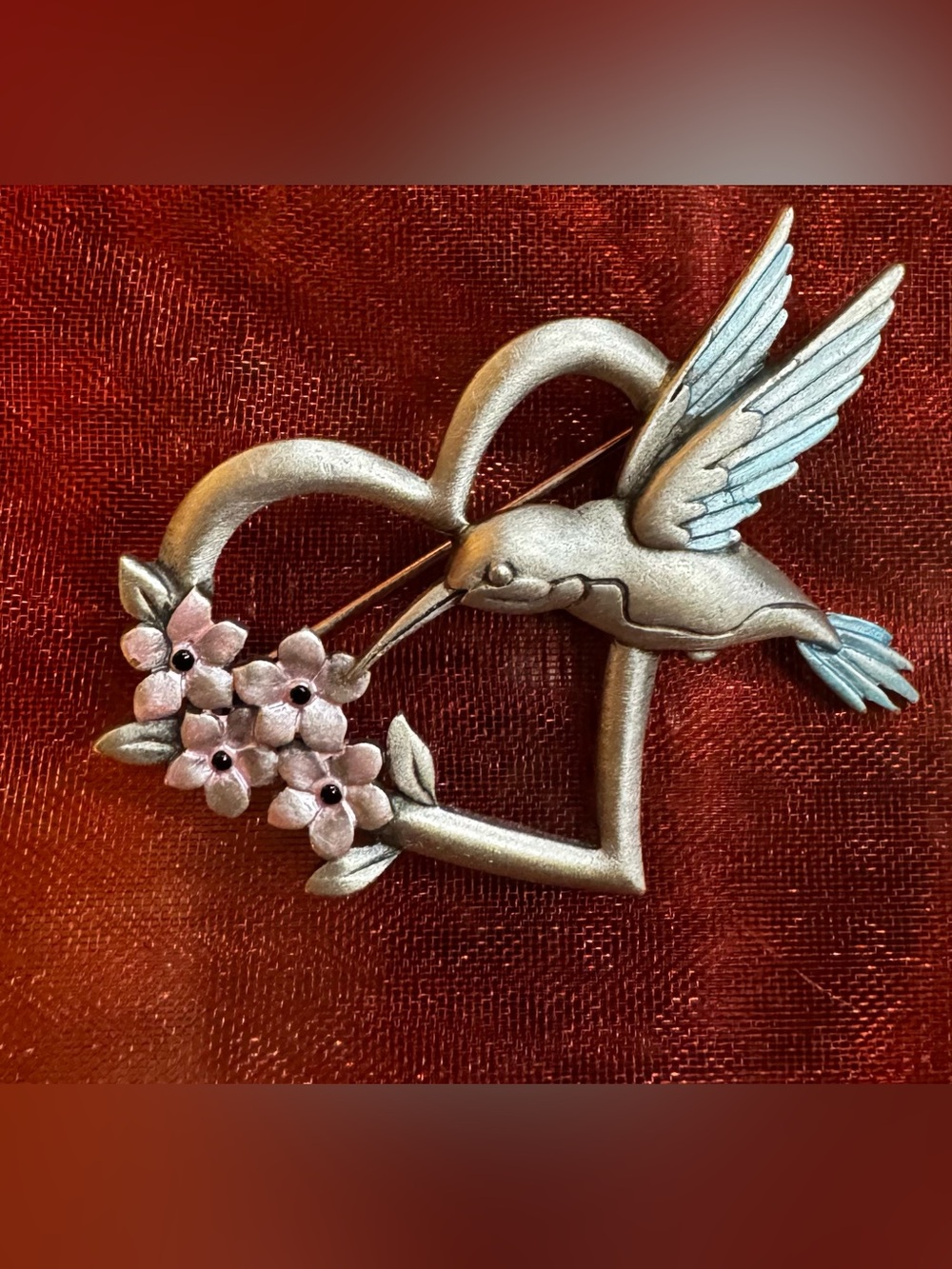 JJ Jonette Vintage Hummingbird Heart Bird Brooch